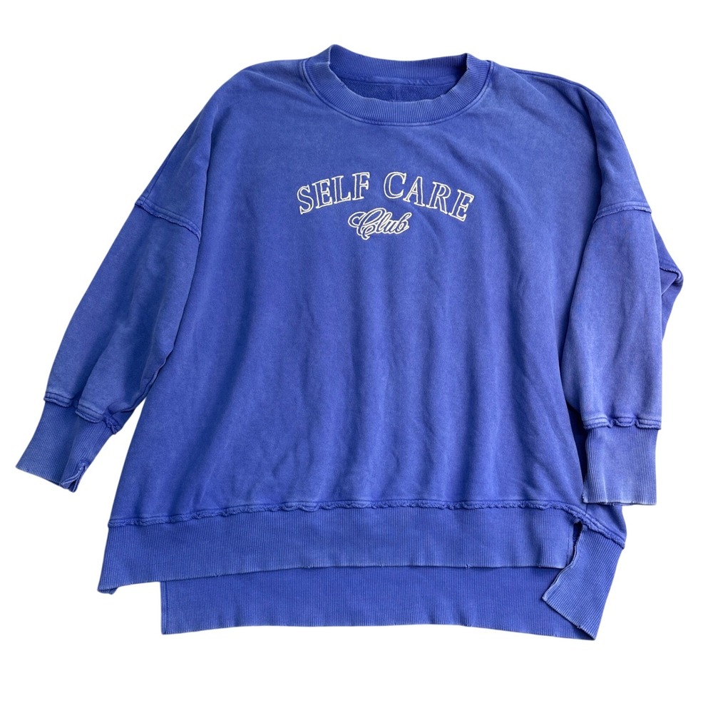 Aerie Self Care Club Oversized Sweatshirt Blue Raw Edge Pullover Large L